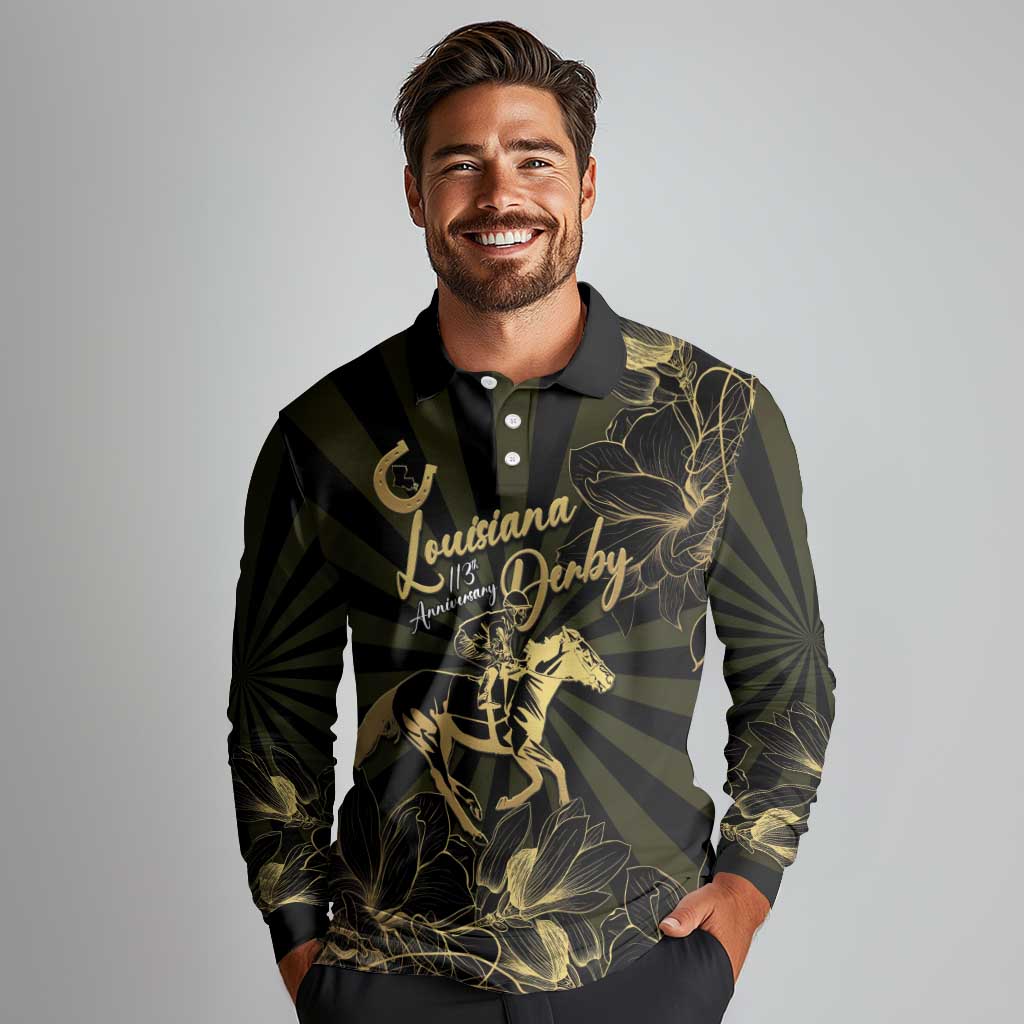 Personalized Louisiana Horse Racing Long Sleeve Polo Shirt 113th Anniversary Magnolia Blossom