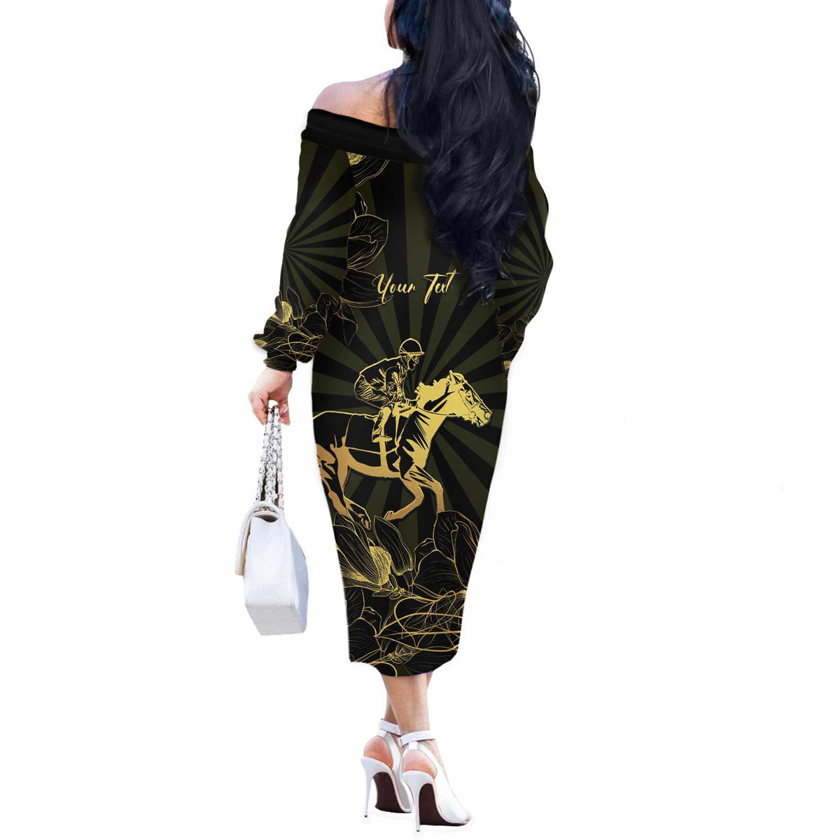 Personalized Louisiana Horse Racing Off The Shoulder Long Sleeve Dress 113th Anniversary Magnolia Blossom
