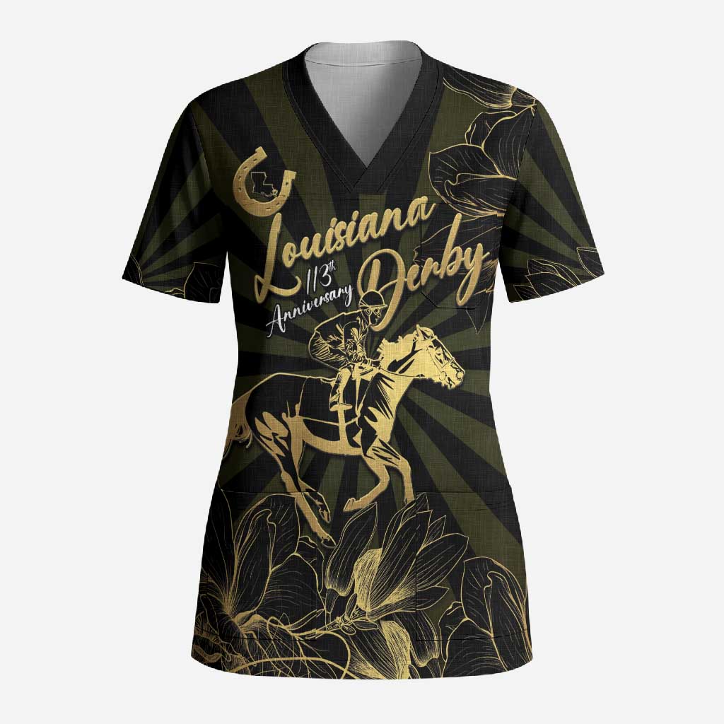 Personalized Louisiana Horse Racing Scrub Top 113th Anniversary Magnolia Blossom