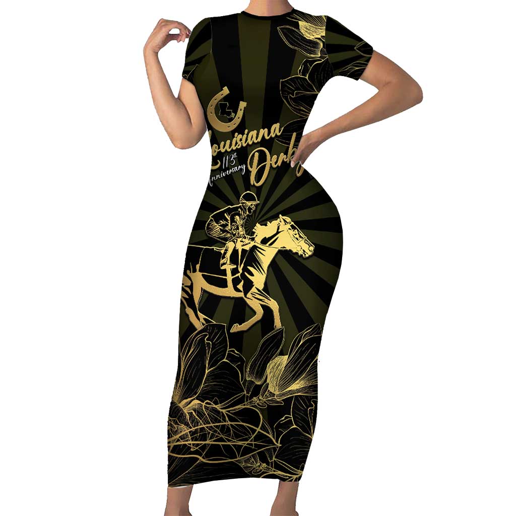 Personalized Louisiana Horse Racing Short Sleeve Bodycon Dress 113th Anniversary Magnolia Blossom