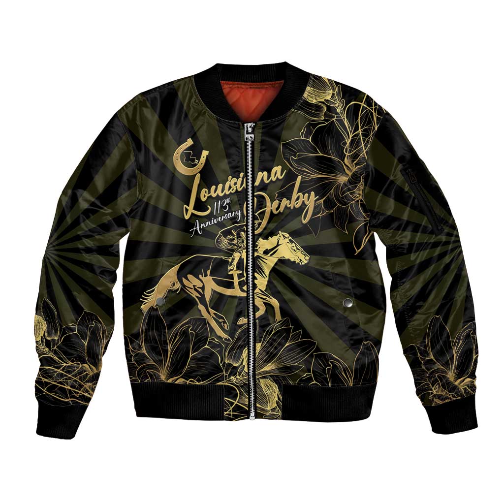 Personalized Louisiana Horse Racing Sleeve Zip Bomber Jacket 113th Anniversary Magnolia Blossom