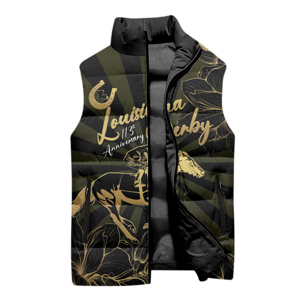 Personalized Louisiana Horse Racing Sleeveless Puffer Jacket 113th Anniversary Magnolia Blossom