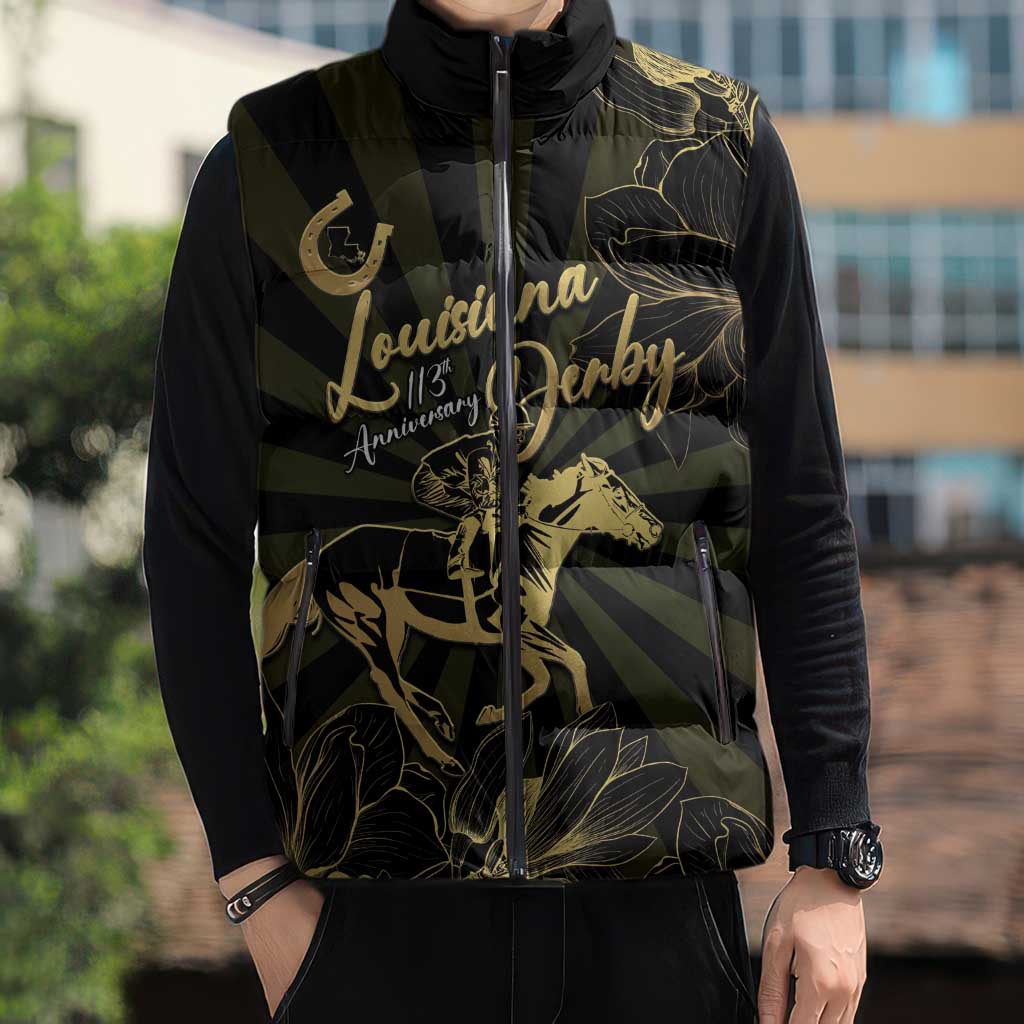 Personalized Louisiana Horse Racing Sleeveless Puffer Jacket 113th Anniversary Magnolia Blossom