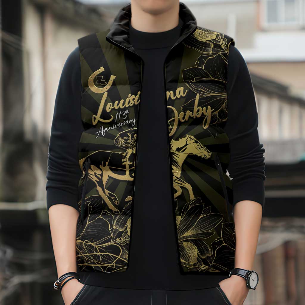 Personalized Louisiana Horse Racing Sleeveless Puffer Jacket 113th Anniversary Magnolia Blossom
