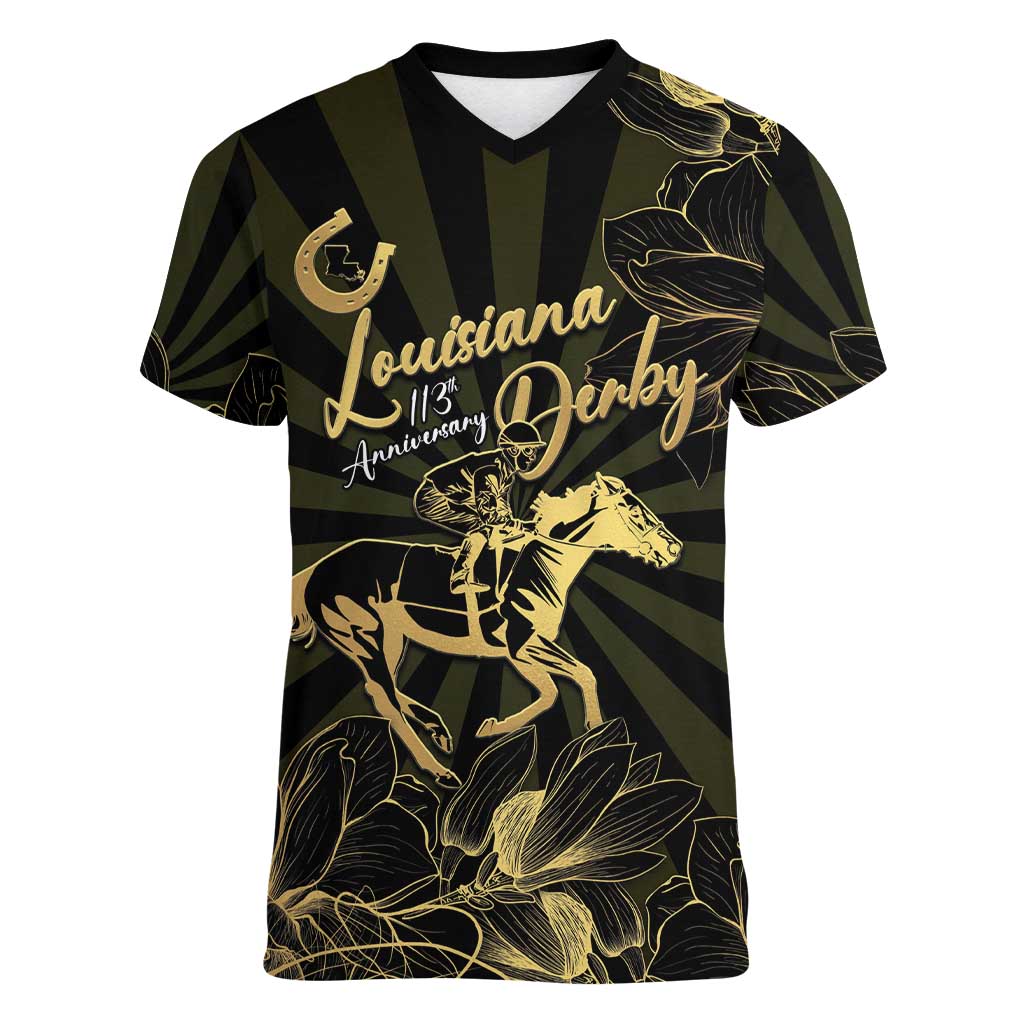 Personalized Louisiana Horse Racing Women V-Neck T-Shirt 113th Anniversary Magnolia Blossom