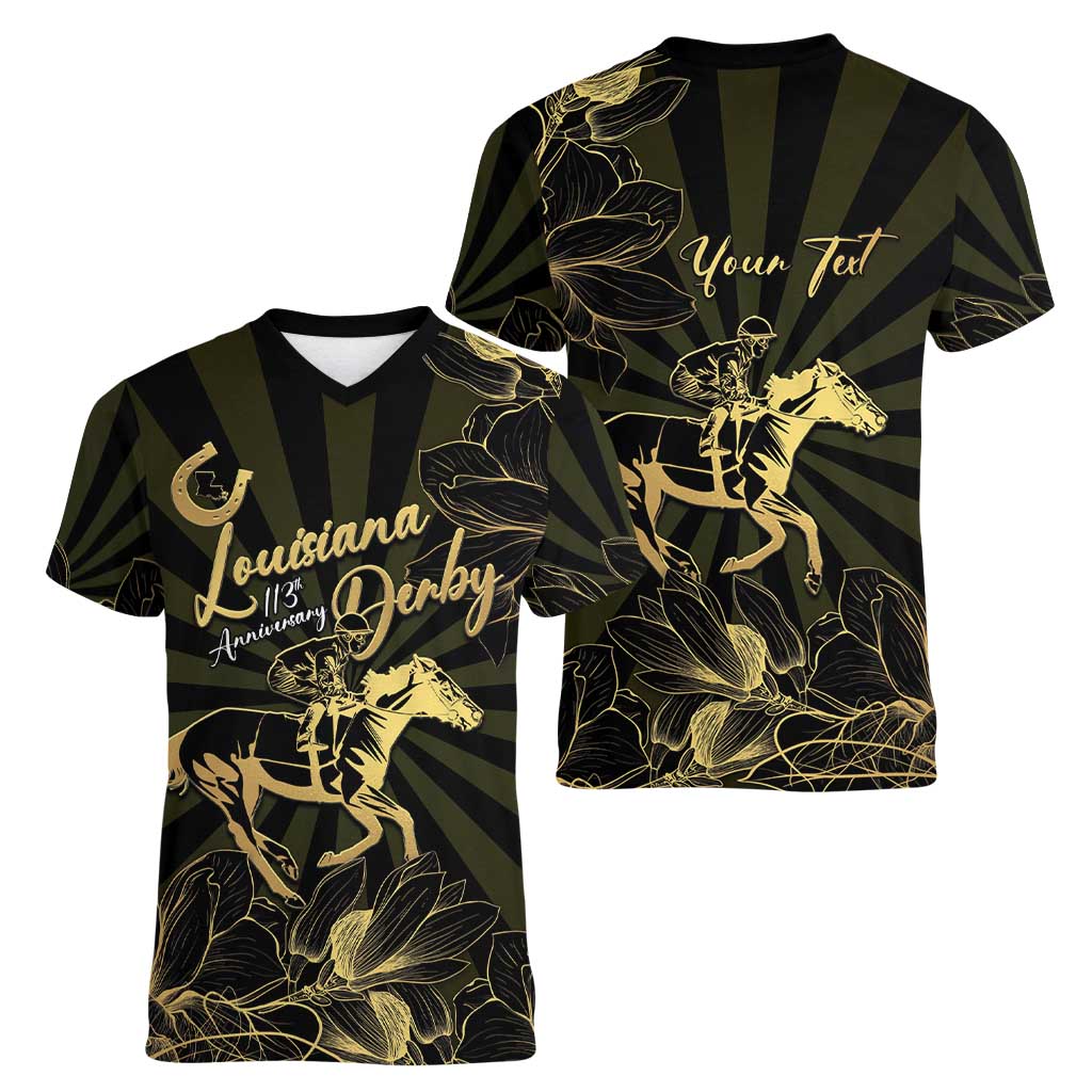 Personalized Louisiana Horse Racing Women V-Neck T-Shirt 113th Anniversary Magnolia Blossom