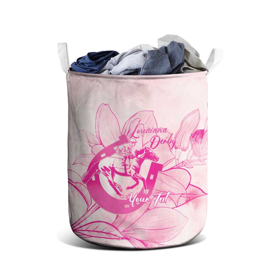 Personalized Louisiana Horse Racing Derby Laundry Basket Magnolia Blossom Horseshoe Pastel Pink