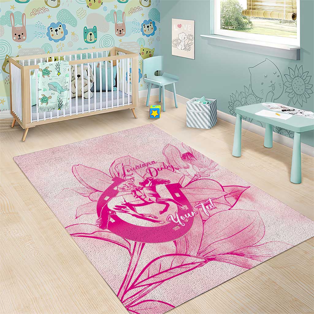 Personalized Louisiana Horse Racing Derby Area Rug Magnolia Blossom Horseshoe Pastel Pink