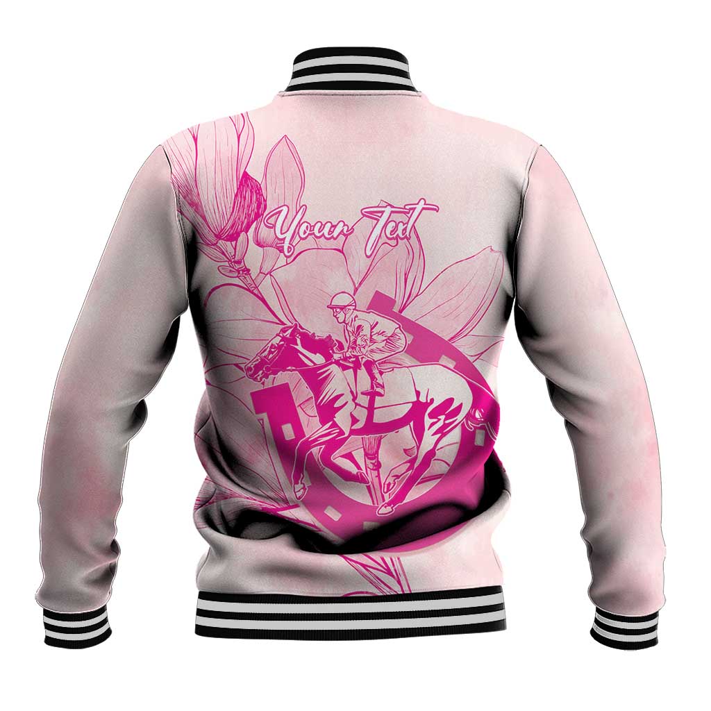 Personalized Louisiana Horse Racing Derby Baseball Jacket Magnolia Blossom Horseshoe Pastel Pink