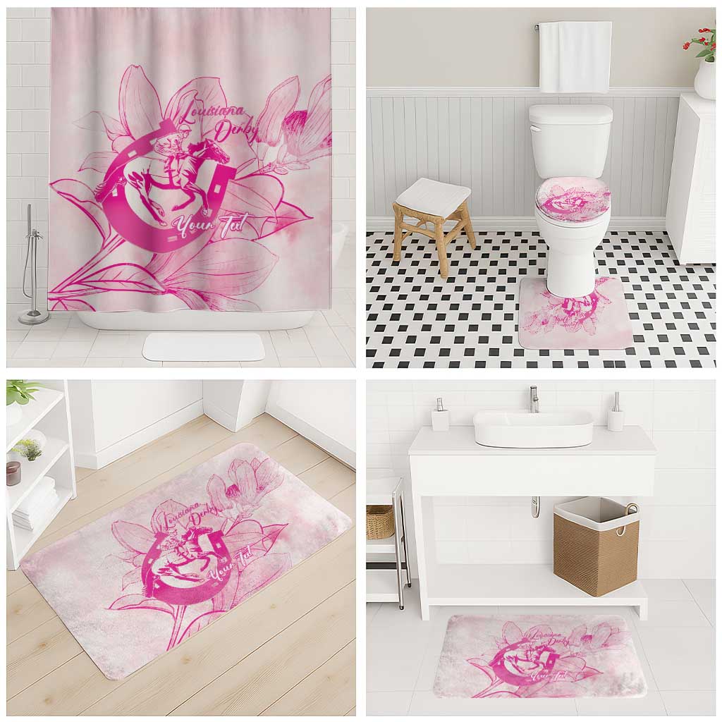 Personalized Louisiana Horse Racing Derby Bathroom Set Magnolia Blossom Horseshoe Pastel Pink