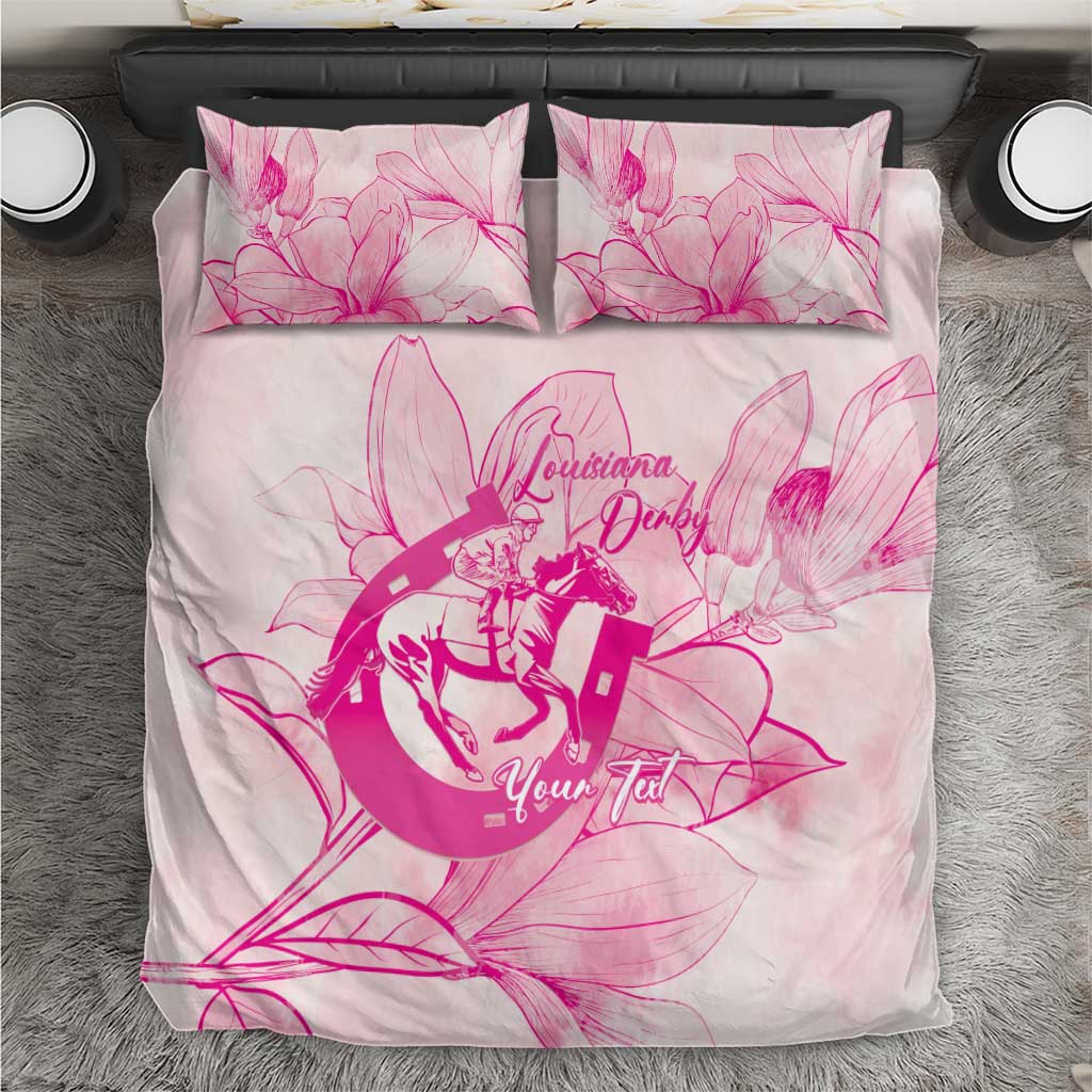 Personalized Louisiana Horse Racing Derby Bedding Set Magnolia Blossom Horseshoe Pastel Pink