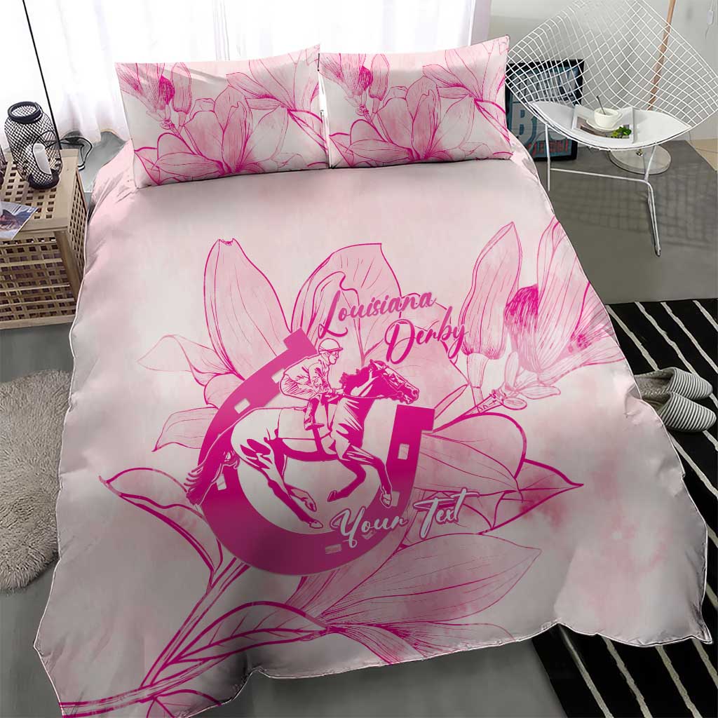 Personalized Louisiana Horse Racing Derby Bedding Set Magnolia Blossom Horseshoe Pastel Pink