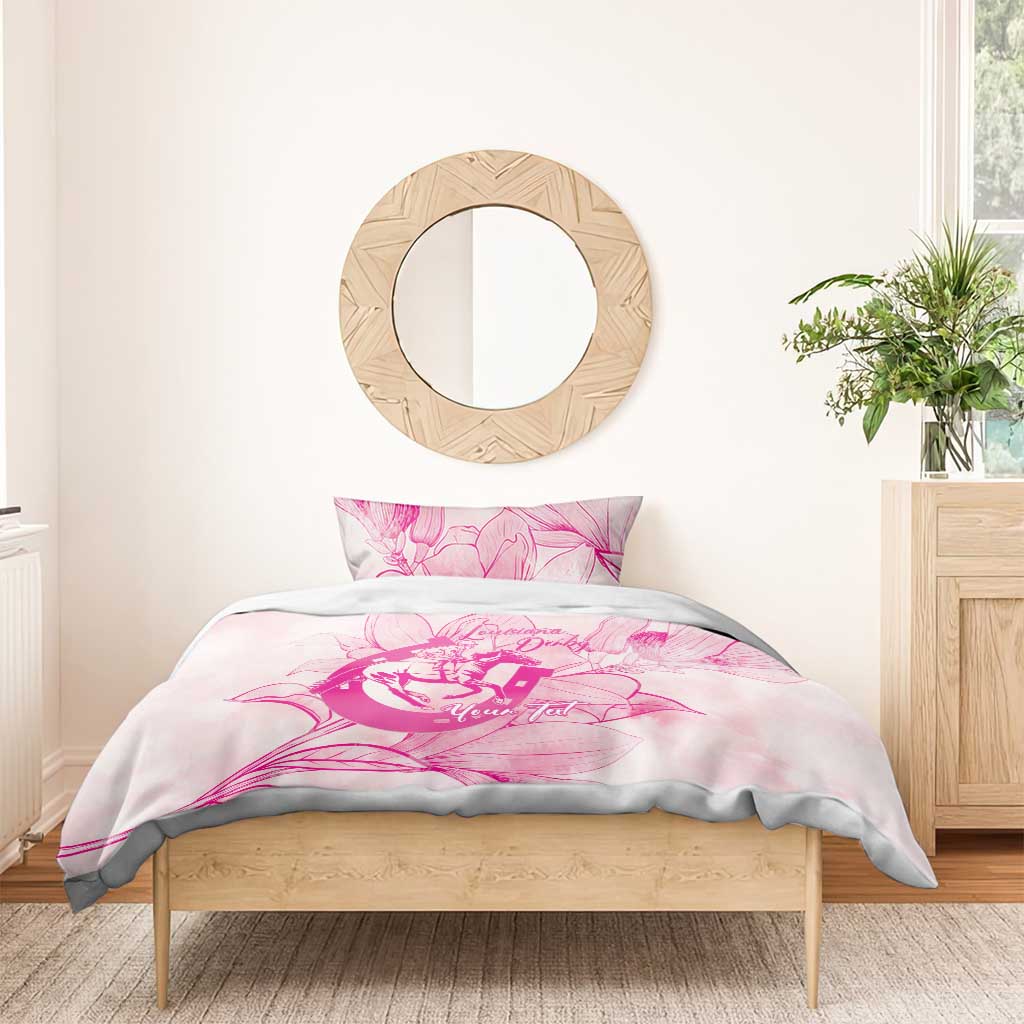 Personalized Louisiana Horse Racing Derby Bedding Set Magnolia Blossom Horseshoe Pastel Pink