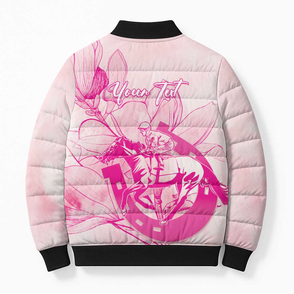 Personalized Louisiana Horse Racing Derby Bomber Puffer Jacket Magnolia Blossom Horseshoe Pastel Pink