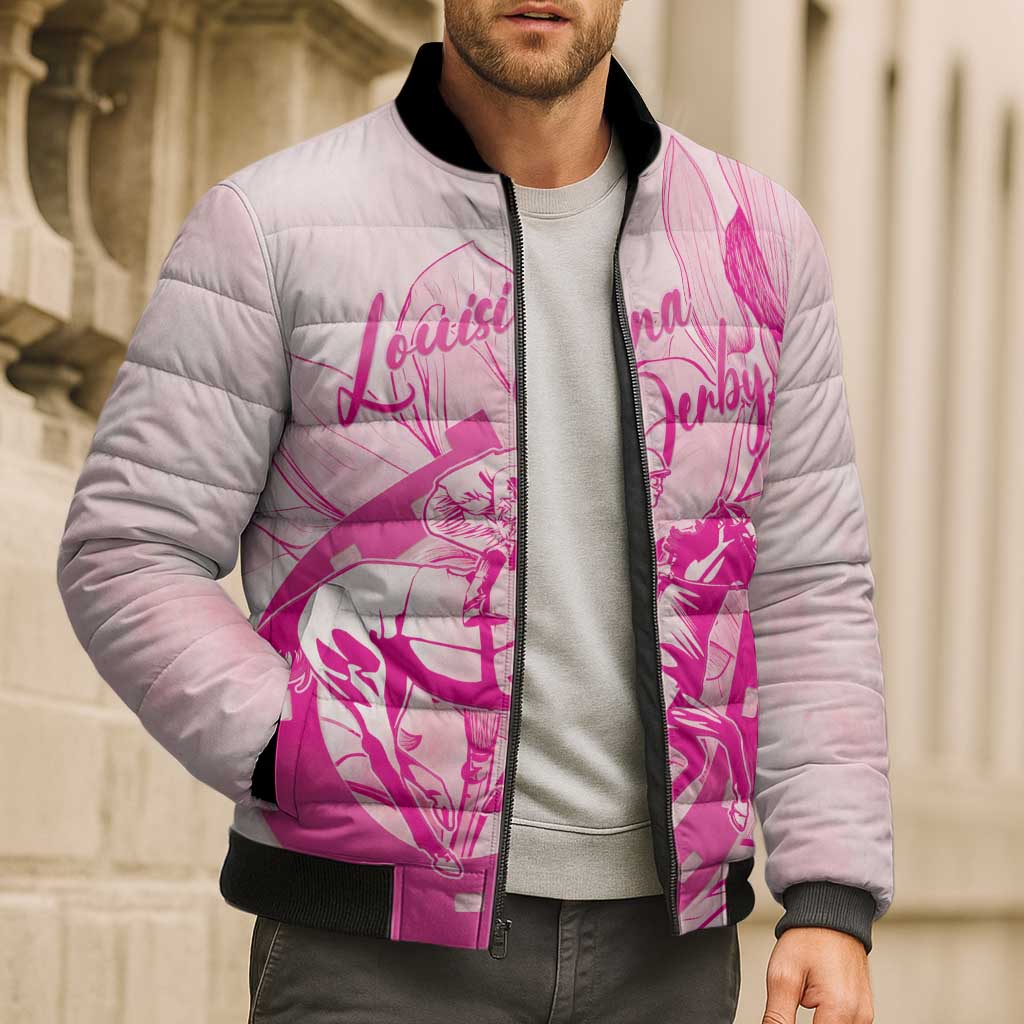 Personalized Louisiana Horse Racing Derby Bomber Puffer Jacket Magnolia Blossom Horseshoe Pastel Pink