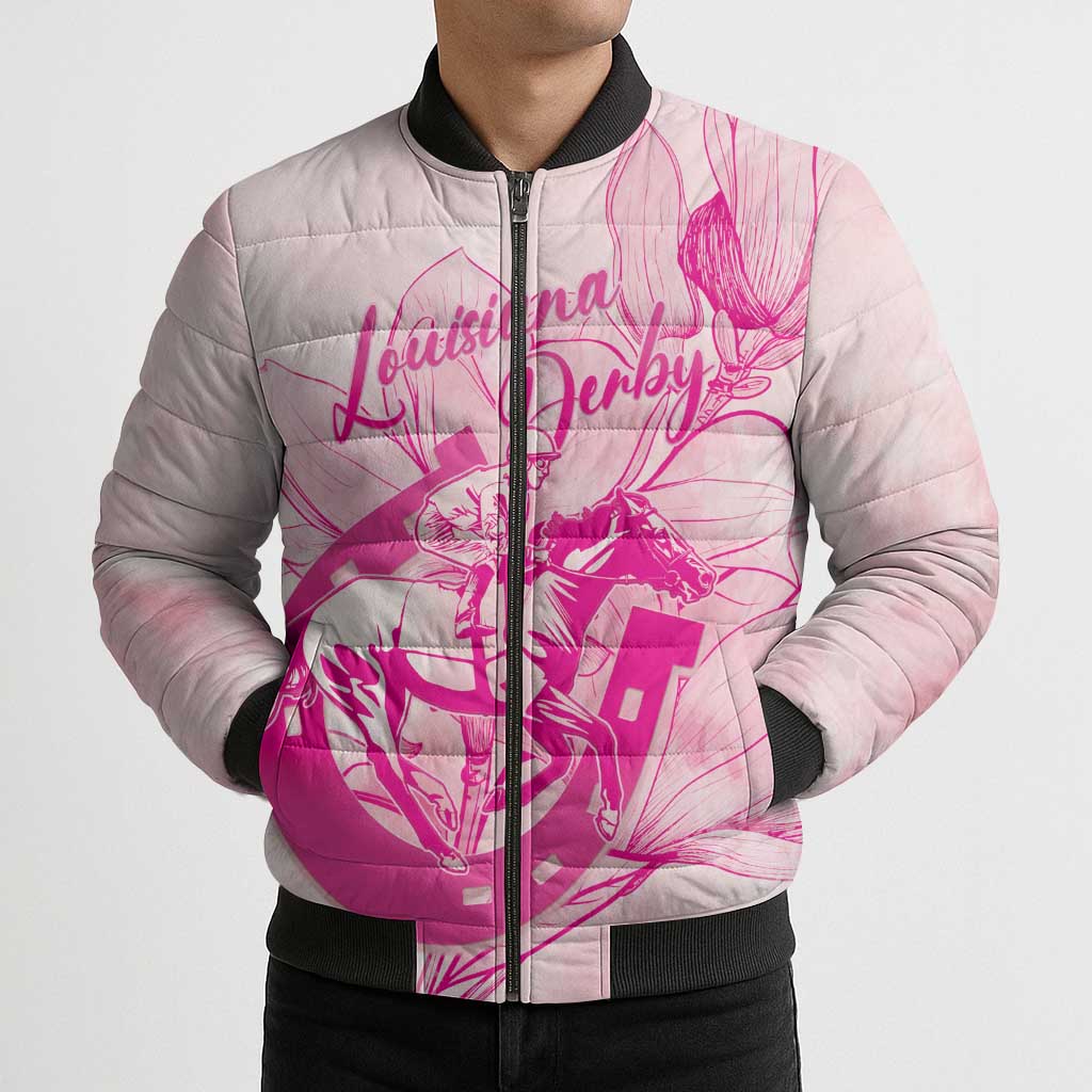Personalized Louisiana Horse Racing Derby Bomber Puffer Jacket Magnolia Blossom Horseshoe Pastel Pink