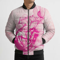 Personalized Louisiana Horse Racing Derby Bomber Puffer Jacket Magnolia Blossom Horseshoe Pastel Pink