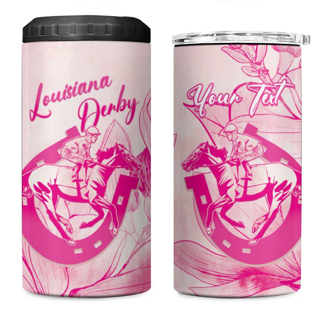 Personalized Louisiana Horse Racing Derby 4 in 1 Can Cooler Tumbler Magnolia Blossom Horseshoe Pastel Pink