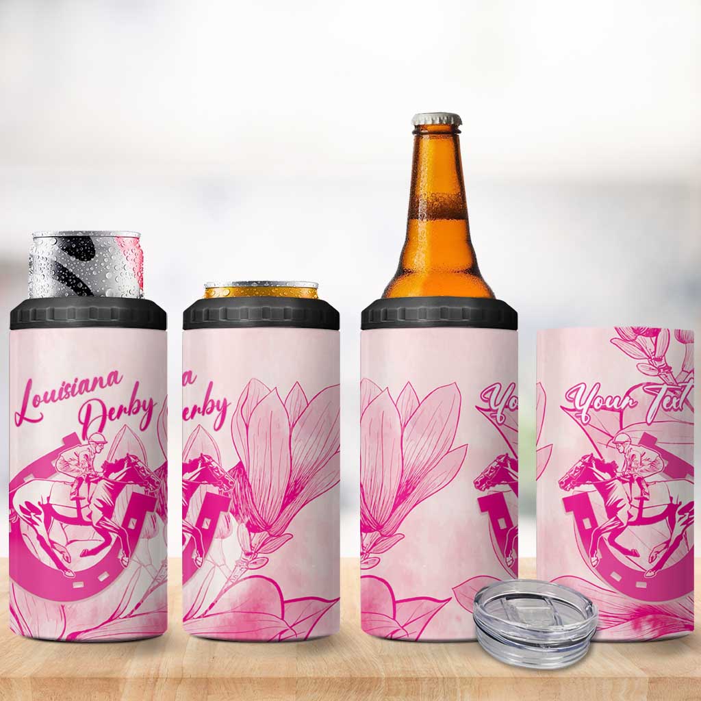 Personalized Louisiana Horse Racing Derby 4 in 1 Can Cooler Tumbler Magnolia Blossom Horseshoe Pastel Pink