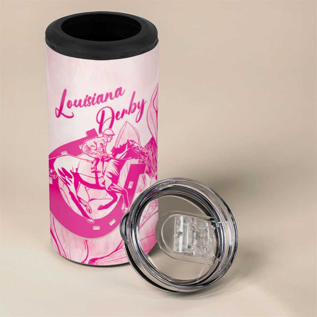 Personalized Louisiana Horse Racing Derby 4 in 1 Can Cooler Tumbler Magnolia Blossom Horseshoe Pastel Pink
