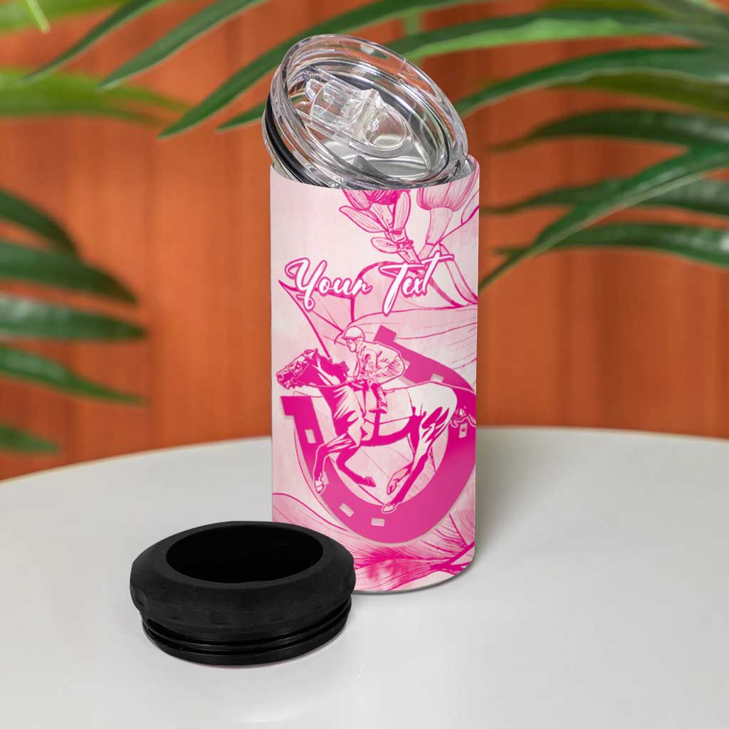 Personalized Louisiana Horse Racing Derby 4 in 1 Can Cooler Tumbler Magnolia Blossom Horseshoe Pastel Pink