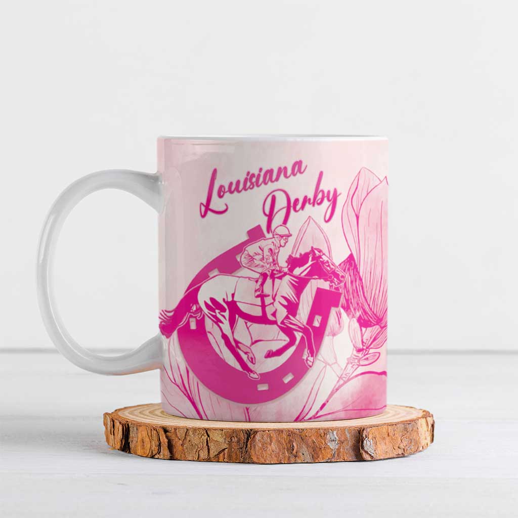 Personalized Louisiana Horse Racing Derby Ceramic Mug Magnolia Blossom Horseshoe Pastel Pink