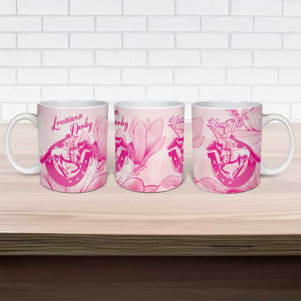 Personalized Louisiana Horse Racing Derby Ceramic Mug Magnolia Blossom Horseshoe Pastel Pink