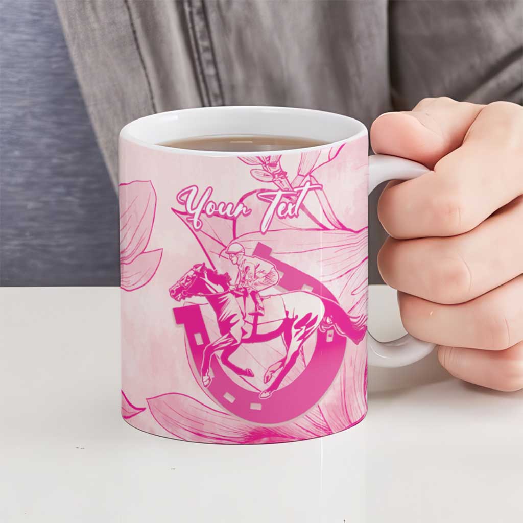 Personalized Louisiana Horse Racing Derby Ceramic Mug Magnolia Blossom Horseshoe Pastel Pink
