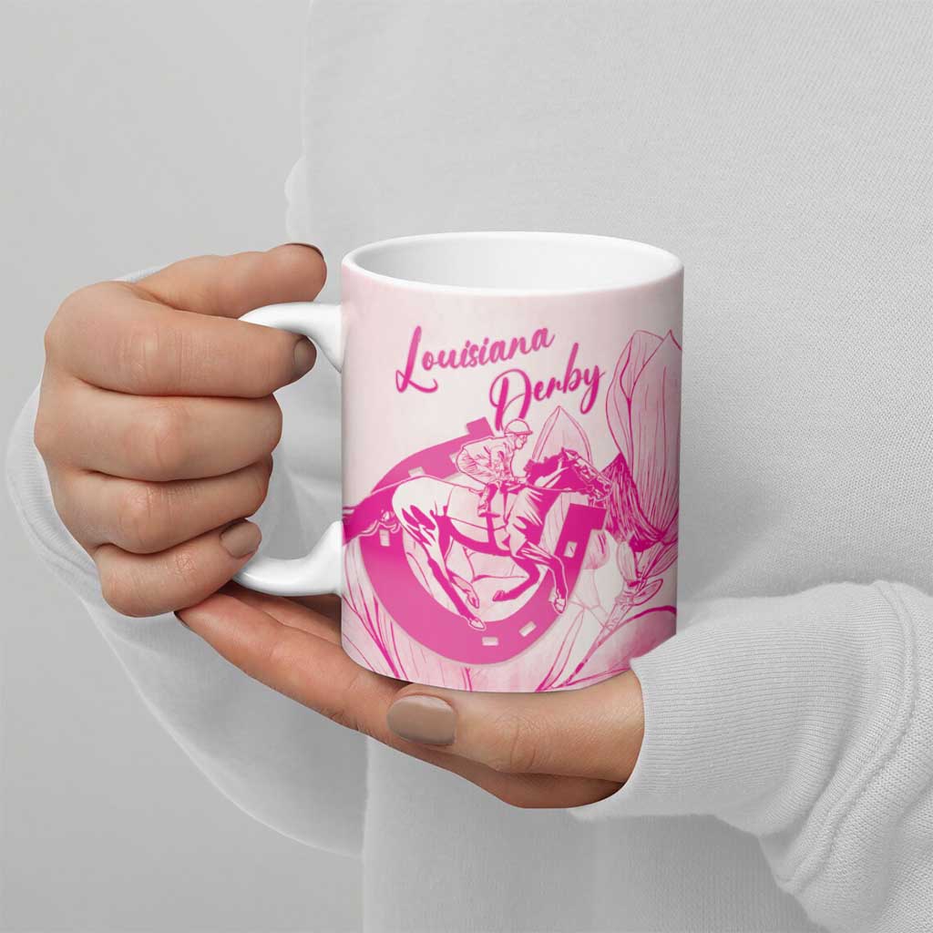 Personalized Louisiana Horse Racing Derby Ceramic Mug Magnolia Blossom Horseshoe Pastel Pink