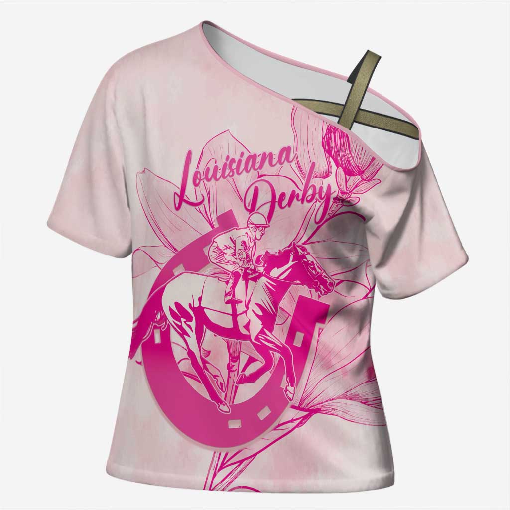Personalized Louisiana Horse Racing Derby Cross Shoulder Shirt Magnolia Blossom Horseshoe Pastel Pink