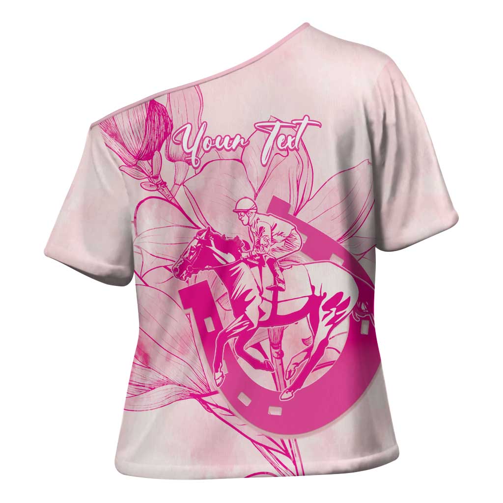 Personalized Louisiana Horse Racing Derby Cross Shoulder Shirt Magnolia Blossom Horseshoe Pastel Pink