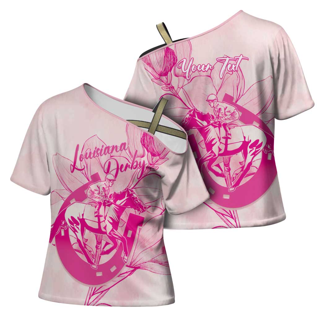 Personalized Louisiana Horse Racing Derby Cross Shoulder Shirt Magnolia Blossom Horseshoe Pastel Pink