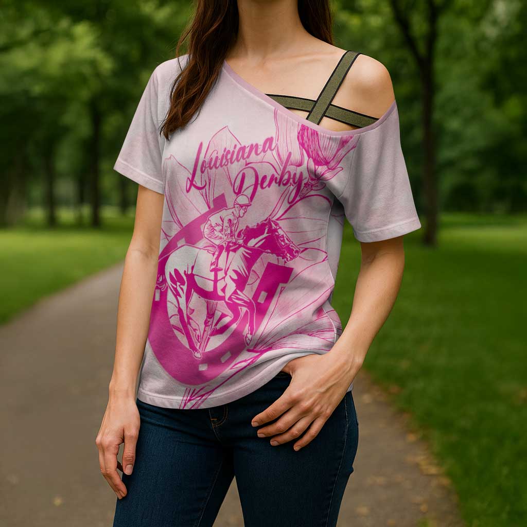 Personalized Louisiana Horse Racing Derby Cross Shoulder Shirt Magnolia Blossom Horseshoe Pastel Pink
