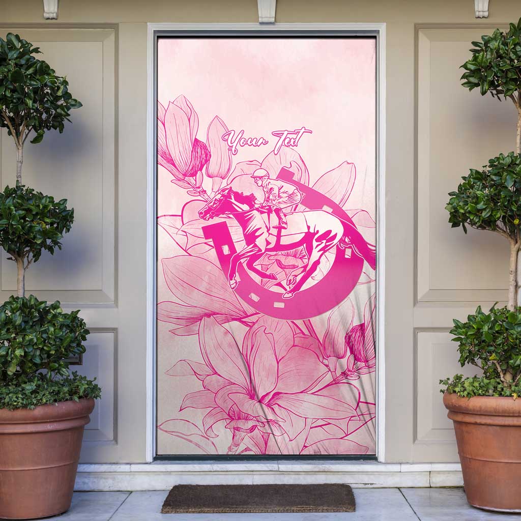 Personalized Louisiana Horse Racing Derby Door Cover Magnolia Blossom Horseshoe Pastel Pink