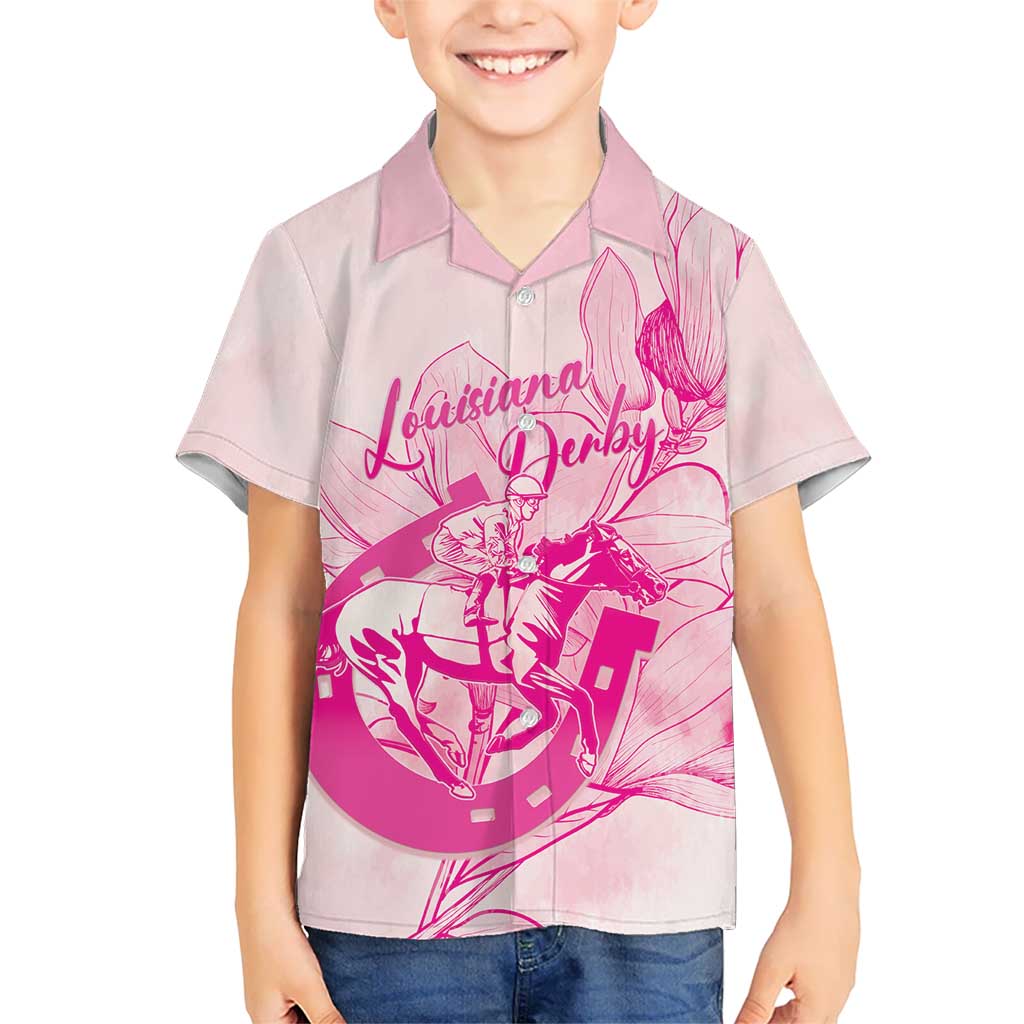 Personalized Louisiana Horse Racing Derby Hawaiian Shirt Magnolia Blossom Horseshoe Pastel Pink