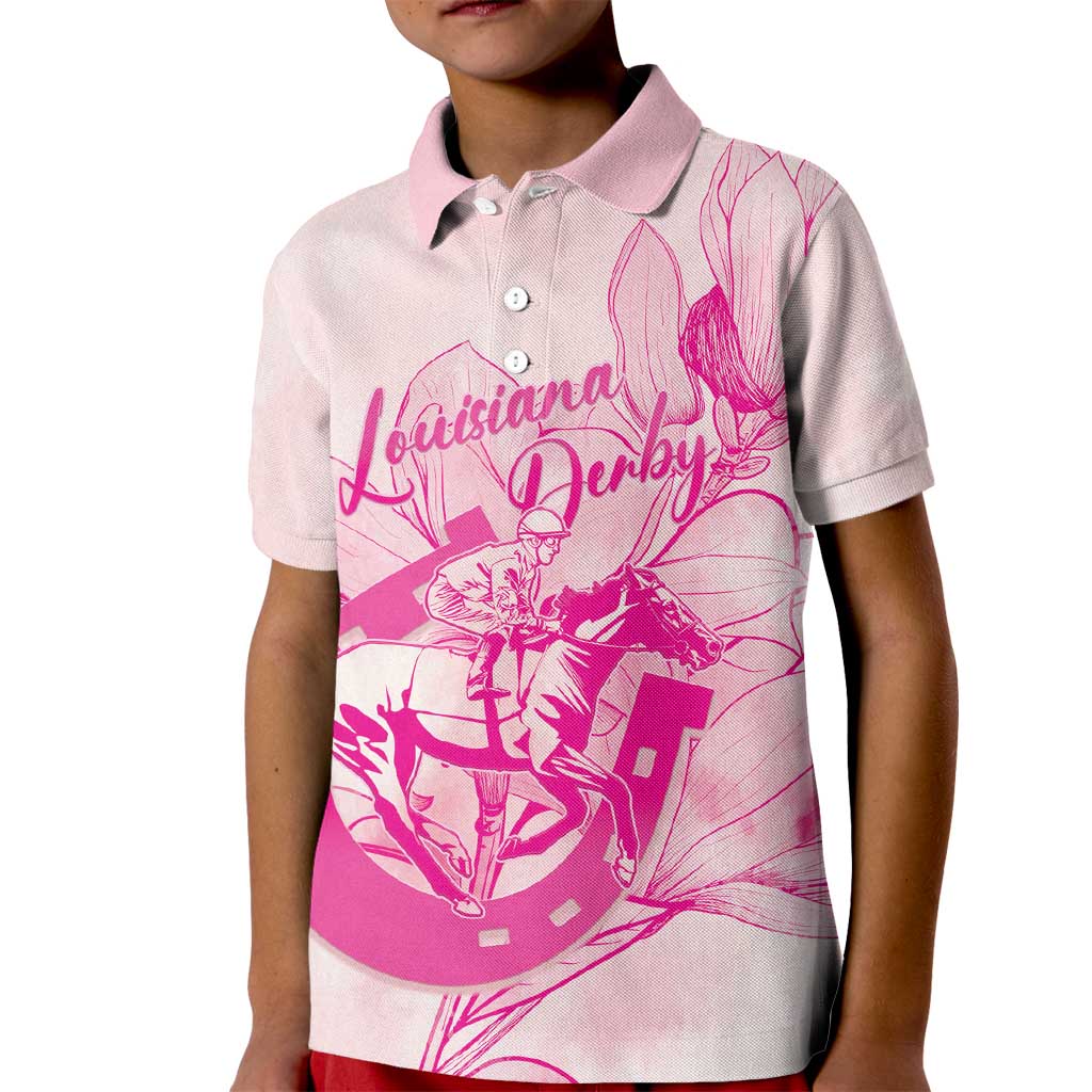 Personalized Louisiana Horse Racing Derby Kid Polo Shirt Magnolia Blossom Horseshoe Pastel Pink