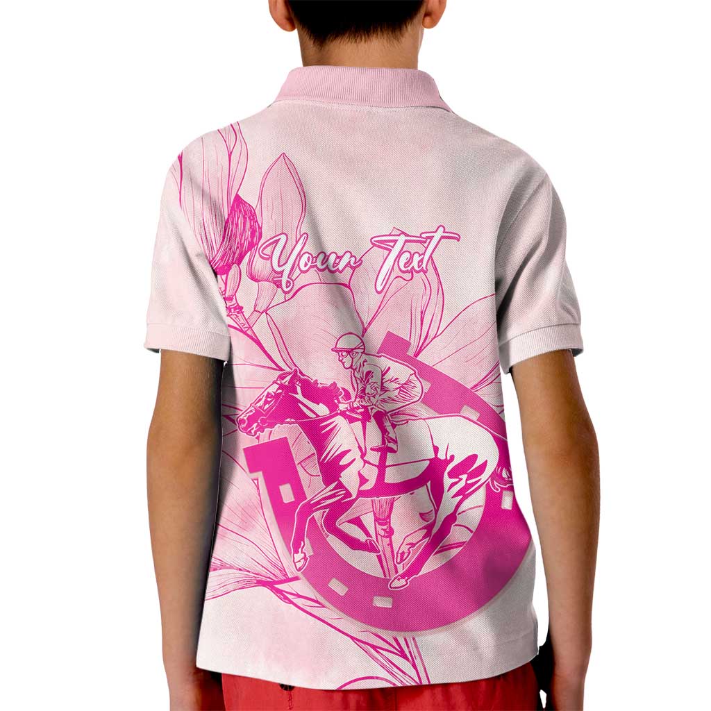 Personalized Louisiana Horse Racing Derby Kid Polo Shirt Magnolia Blossom Horseshoe Pastel Pink