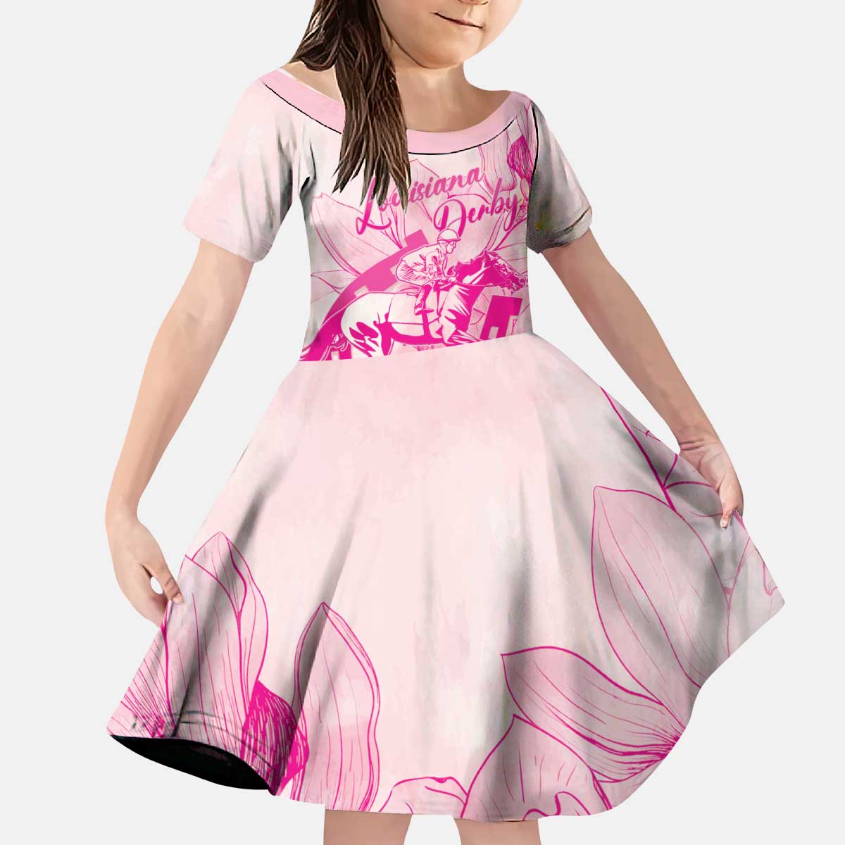Personalized Louisiana Horse Racing Derby Kid Short Sleeve Dress Magnolia Blossom Horseshoe Pastel Pink