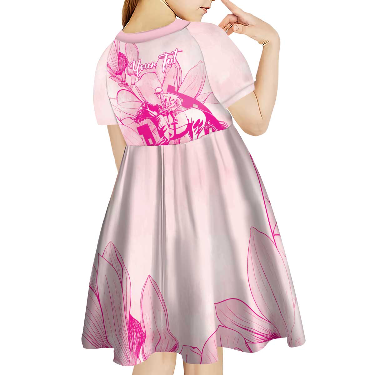 Personalized Louisiana Horse Racing Derby Kid Short Sleeve Dress Magnolia Blossom Horseshoe Pastel Pink