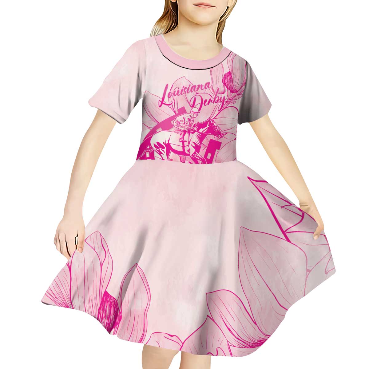 Personalized Louisiana Horse Racing Derby Kid Short Sleeve Dress Magnolia Blossom Horseshoe Pastel Pink