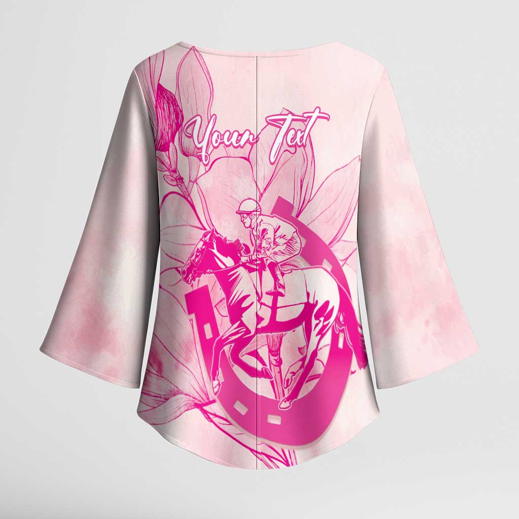 Personalized Louisiana Horse Racing Derby Kimono Sleeve Blouse Magnolia Blossom Horseshoe Pastel Pink