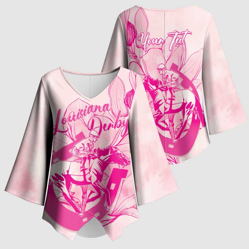 Personalized Louisiana Horse Racing Derby Kimono Sleeve Blouse Magnolia Blossom Horseshoe Pastel Pink