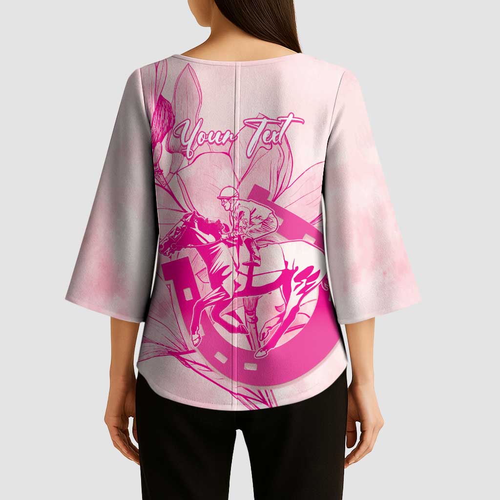 Personalized Louisiana Horse Racing Derby Kimono Sleeve Blouse Magnolia Blossom Horseshoe Pastel Pink