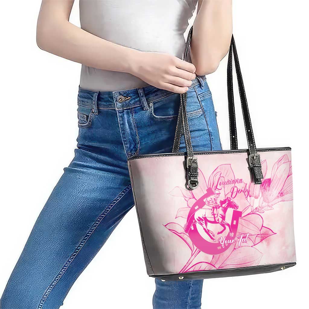 Personalized Louisiana Horse Racing Derby Leather Tote Bag Magnolia Blossom Horseshoe Pastel Pink