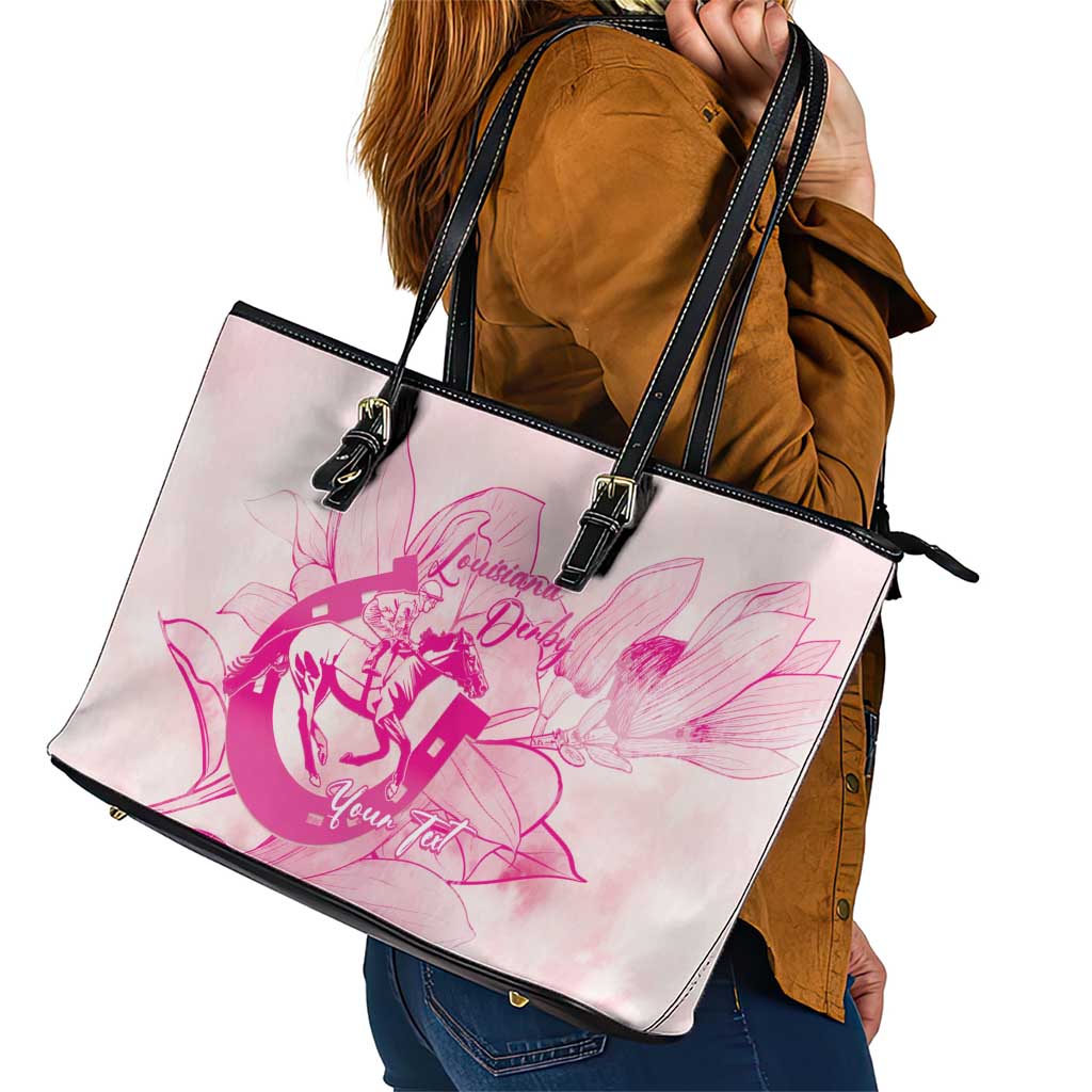 Personalized Louisiana Horse Racing Derby Leather Tote Bag Magnolia Blossom Horseshoe Pastel Pink