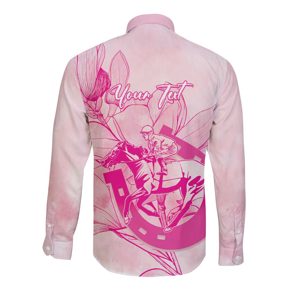 Personalized Louisiana Horse Racing Derby Long Sleeve Button Shirt Magnolia Blossom Horseshoe Pastel Pink