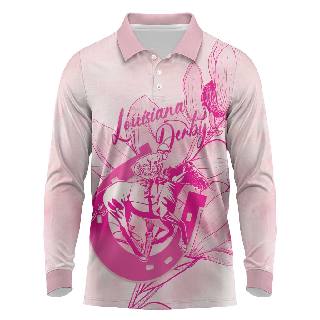 Personalized Louisiana Horse Racing Derby Long Sleeve Polo Shirt Magnolia Blossom Horseshoe Pastel Pink