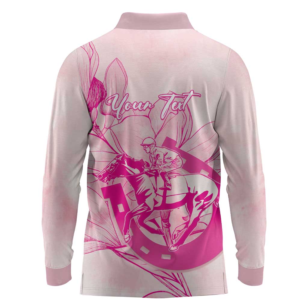 Personalized Louisiana Horse Racing Derby Long Sleeve Polo Shirt Magnolia Blossom Horseshoe Pastel Pink