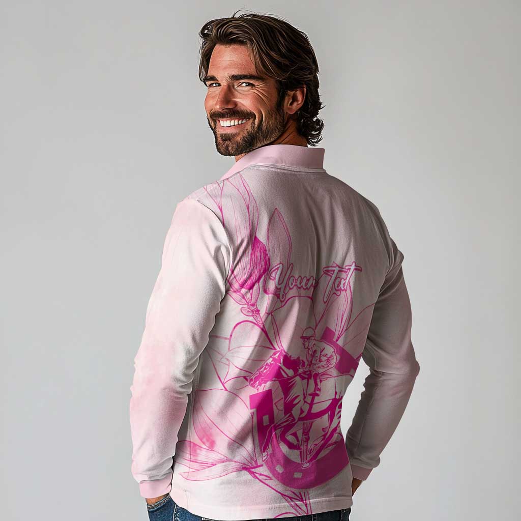 Personalized Louisiana Horse Racing Derby Long Sleeve Polo Shirt Magnolia Blossom Horseshoe Pastel Pink