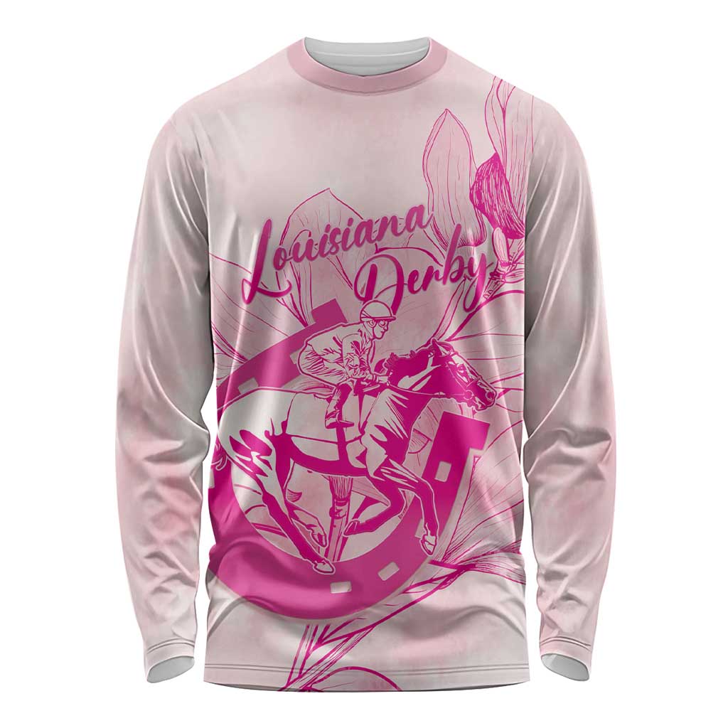 Personalized Louisiana Horse Racing Derby Long Sleeve Shirt Magnolia Blossom Horseshoe Pastel Pink